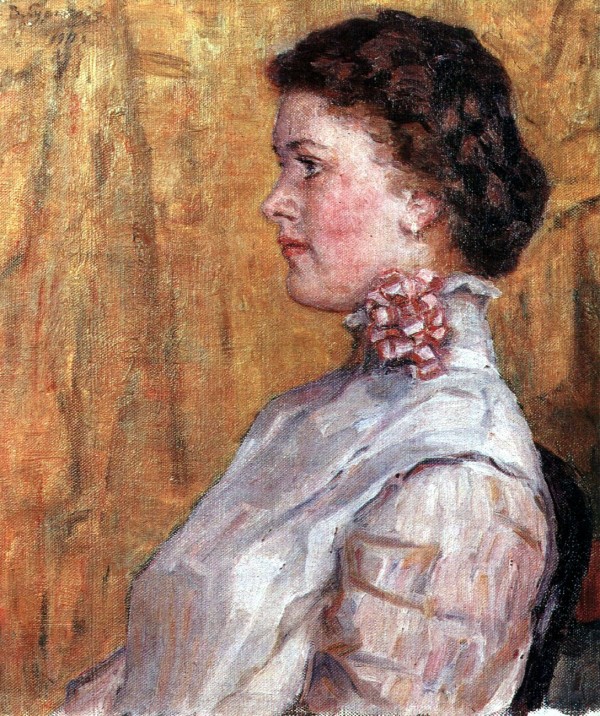 Portrait of woman with yellow background by Vasily Surikov